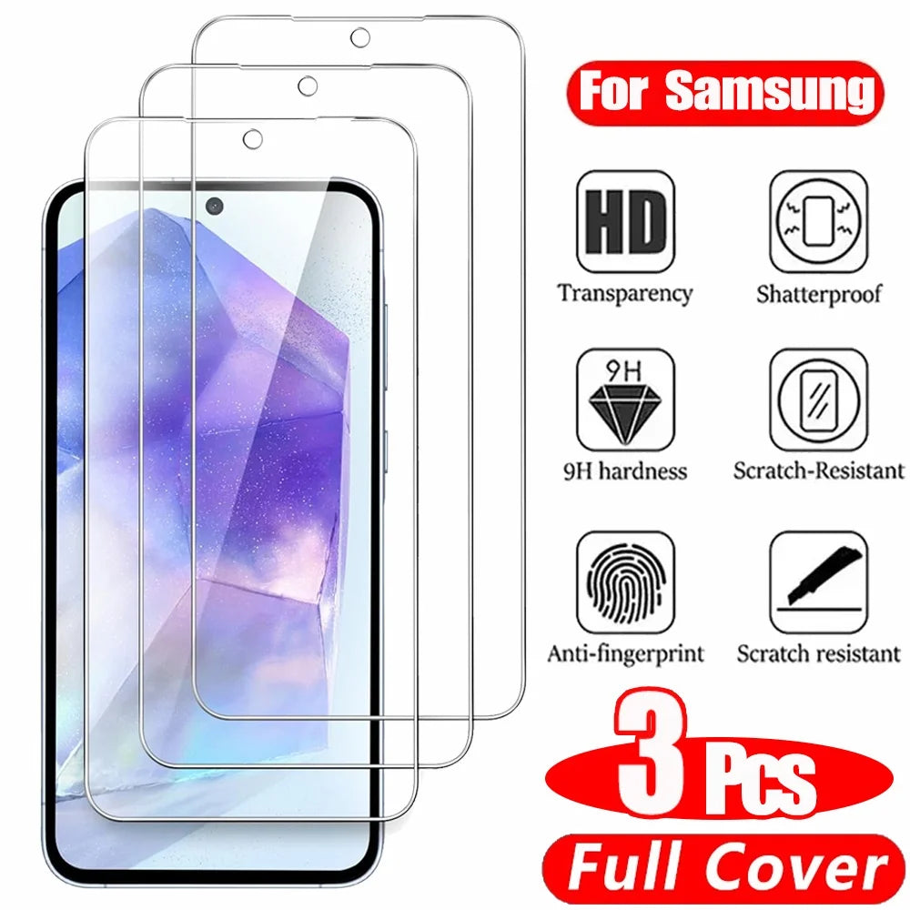 3PCS HD Tempered Glass for Samsung A17 A27 A37 A57 A16 A26 A36 A56 A55 A53 A54 A35 A25 A15 Screen Protector Samsung Galaxy S25 S24 Ultra Cristal Templado S24 FE S23 S22 S21 Plus